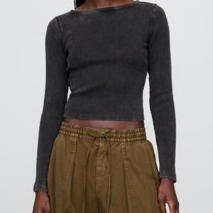 GAP Charcoal Rib Heavyweight Boatneck Long Sleeve Crop T-Shirt